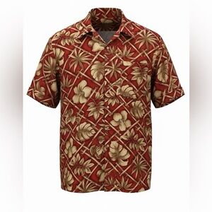 Vintage Hawaiian Size L Campia Red Hibiscus and Palm Leaves Rayon Shirt